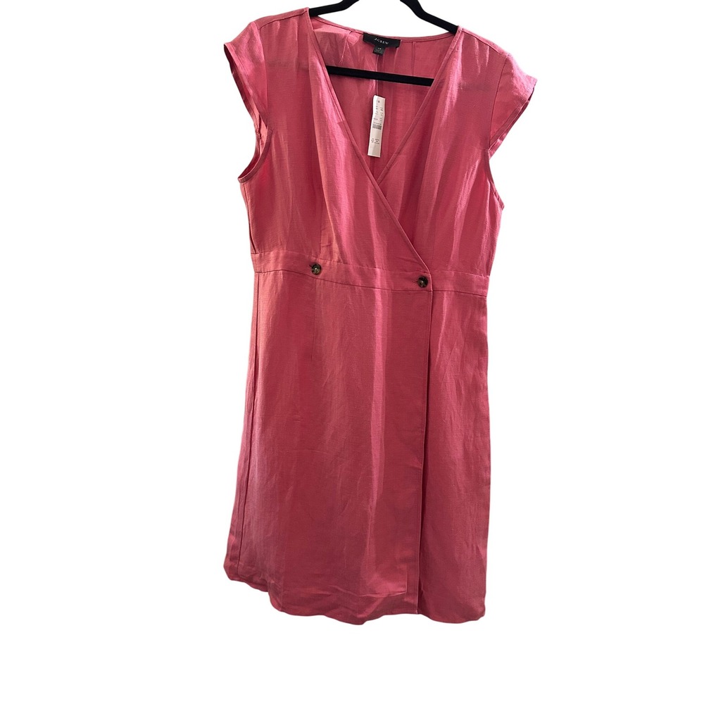 J.Crew Pink Linen Blend Wrap Dress V-Neck Cap Sleeve Size 14 - Picture 2 of 7